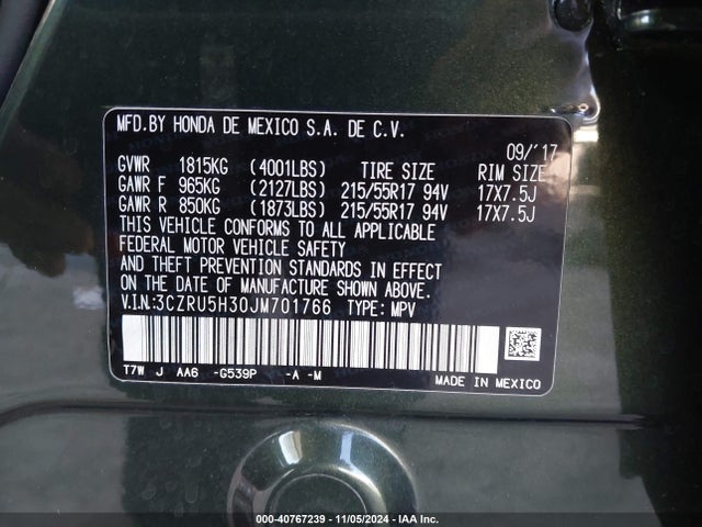 Honda HR-V LX 2018 3CZRU5H30JM701766 Image 9