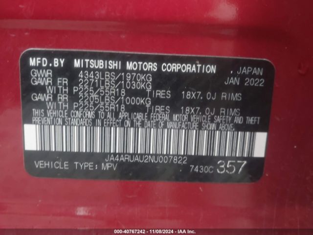 2022 MITSUBISHI OUTLANDER SPORT JA4ARUAU2NU007822 Photo 8