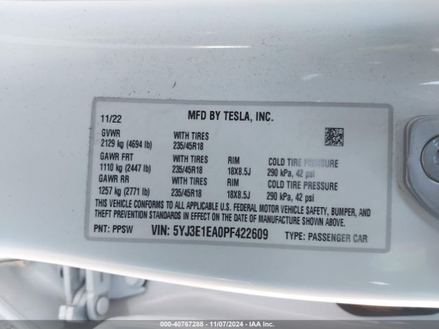 5YJ3E1EA0PF422609 Tesla Model 3 Rear-wheel Drive