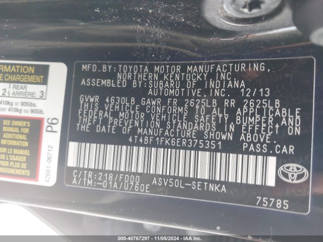 4T4BF1FK6ER375351 Toyota CAMRY LE
