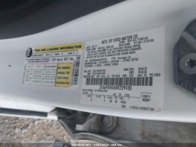 3FA6P0HD6KR229420 Ford FUSION SE