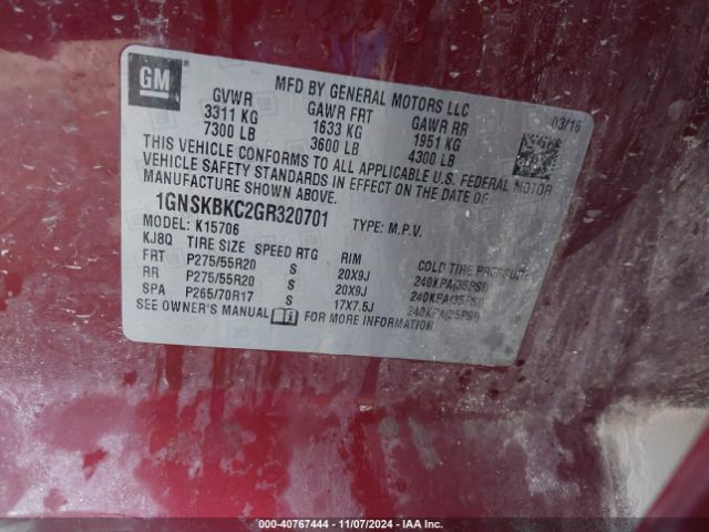 1GNSKBKC2GR320701 Chevrolet Tahoe Lt