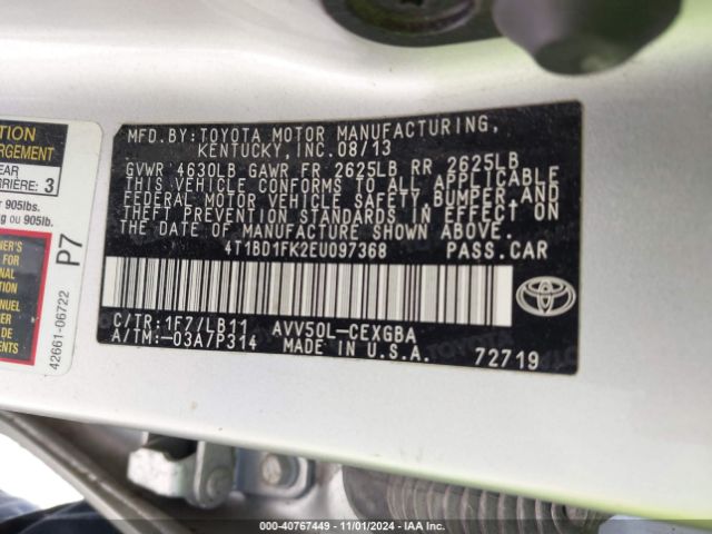 4T1BD1FK2EU097368 Toyota Camry Hybrid Xle