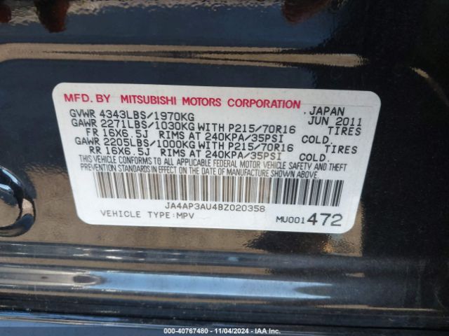 2011 MITSUBISHI OUTLANDER SPORT JA4AP3AU4BZ020358 Photo 8
