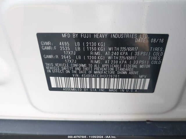 Subaru Outback 2.5i Premium 2017 4S4BSACC3H3226201 Image 9