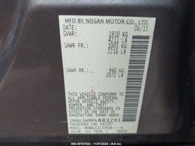 Nissan Altima 2.5 S 2015 1N4AL3AP8FN883291 Image 9