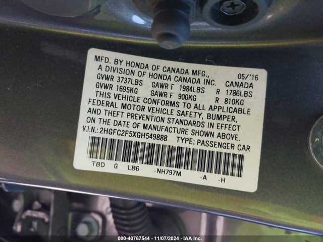 Honda Civic Lx 2016 2HGFC2F5XGH549888 Image 9