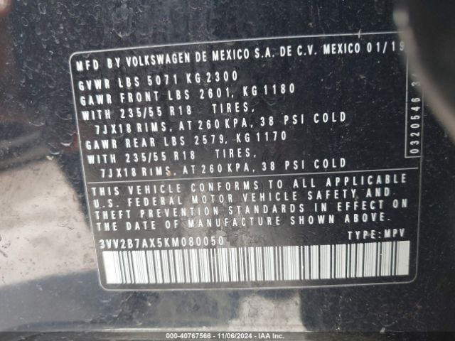 3VV2B7AX5KM080050 Volkswagen Tiguan 2.0t Se/2.0t Sel/2.0t Sel R-line/2.0t Sel R-line Black