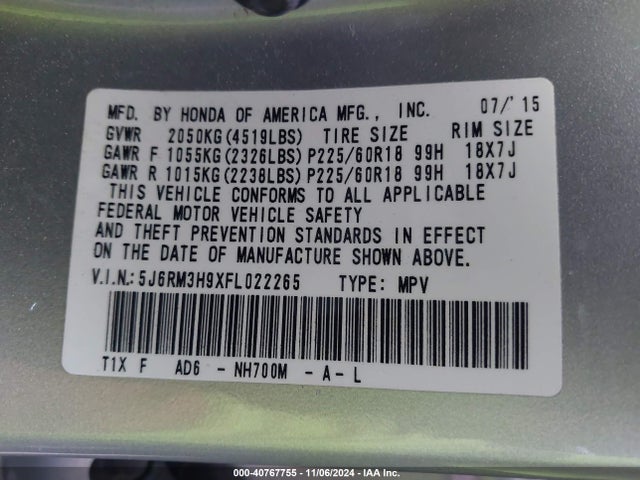 Honda Cr-v Touring 2015 5J6RM3H9XFL022265 Image 9