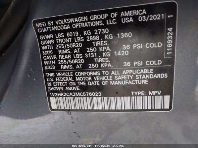 1V2HR2CA2MC576023 Volkswagen Atlas 3.6l V6 Se W/technology
