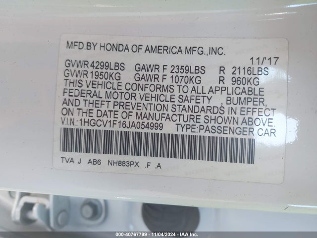 Honda ACCORD LX 2018 1HGCV1F16JA054999 Image 9
