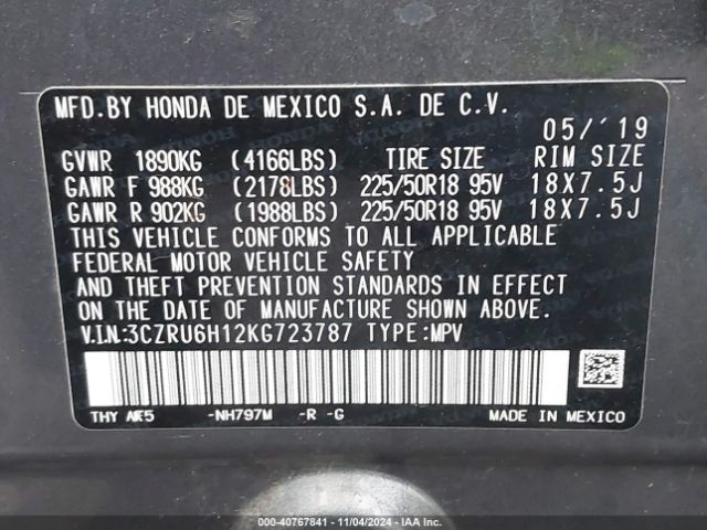 3CZRU6H12KG723787 Honda HR-V SPORT