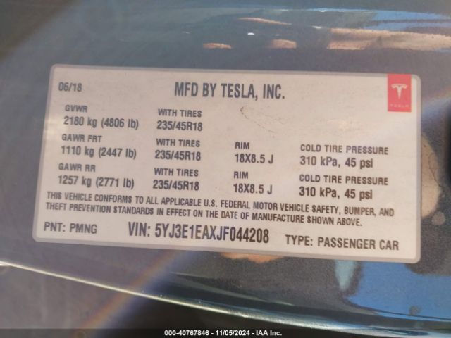 5YJ3E1EAXJF044208 Tesla Model 3 Long Range/mid Range