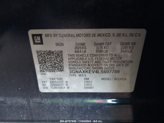 3GNAXKEV4LS697709 Chevrolet Equinox Fwd Lt 1.5l Turbo