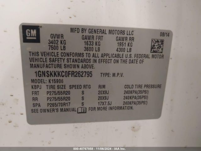 1GNSKKKC0FR262795 Chevrolet Suburban 1500 Ltz