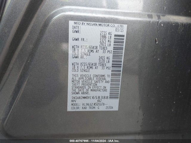 Nissan Pathfinder Sl 2015 5N1AR2MM0FC658388 Image 9