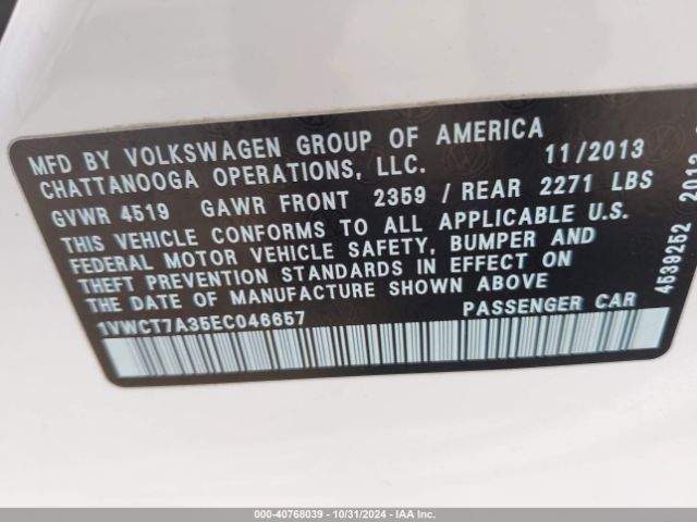 1VWCT7A35EC046657 Volkswagen Passat 1.8t Sel Premium