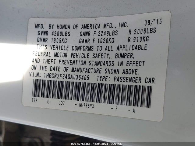 Honda ACCORD LX 2016 1HGCR2F34GA035405 Image 9