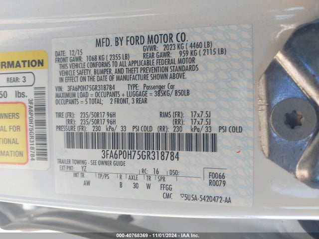 Ford FUSION SE 2016 3FA6P0H75GR318784 Image 9