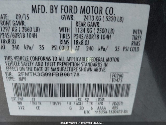 Ford EDGE SE 2015 2FMTK3G99FBB96178 Image 9
