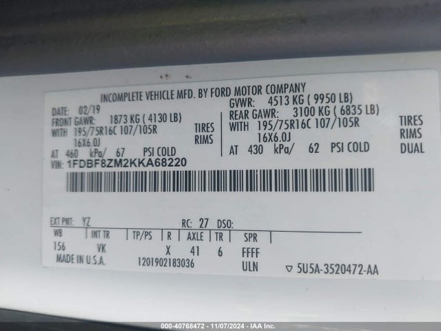 Ford Transit-350 Cab 2019 1FDBF8ZM2KKA68220 Image 9