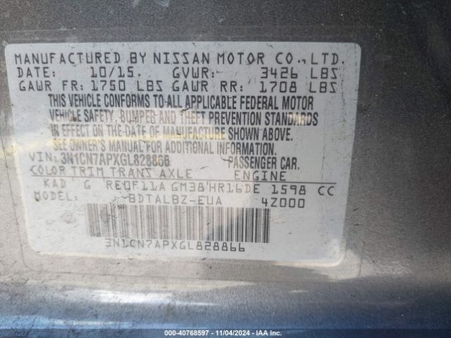 3N1CN7APXGL828866 Nissan Versa 1.6 S/1.6 S+/1.6 Sl/1.6 Sv