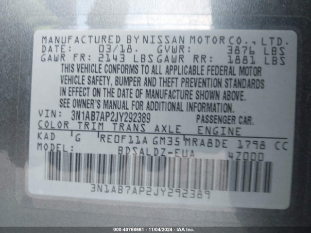 Nissan SENTRA SV 2018 3N1AB7AP2JY292389 Image 9