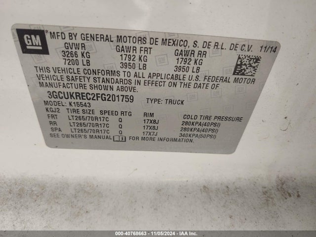 3GCUKREC2FG201759 Chevrolet Silverado 1500 2lt
