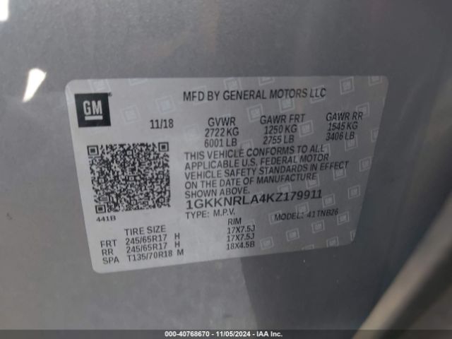 1GKKNRLA4KZ179911 GMC Acadia Sle-1