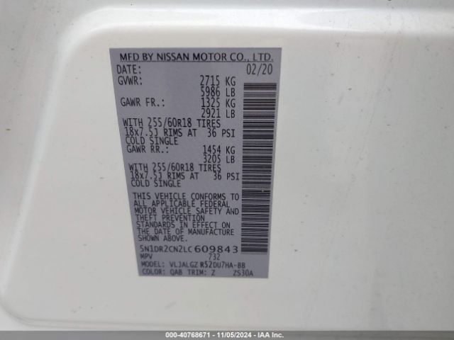 5N1DR2CN2LC609843 Nissan Pathfinder Sl 2wd