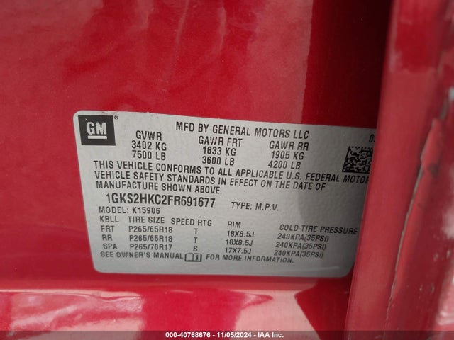 1GKS2HKC2FR691677 GMC Yukon Xl 1500 Slt