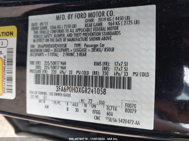 Ford FUSION SE 2016 3FA6P0HDXGR241058 Image 9