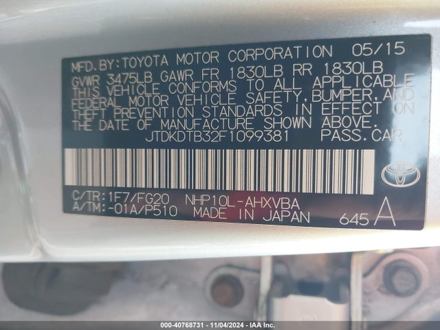 JTDKDTB32F1099381 Toyota Prius C Two