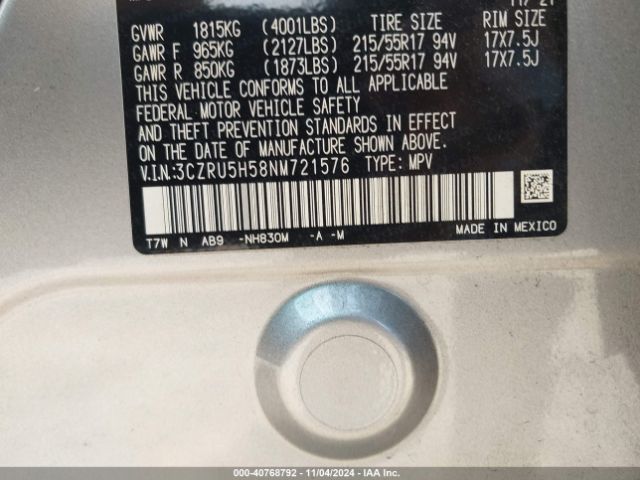 3CZRU5H58NM721576 Honda Hr-v 2wd Ex