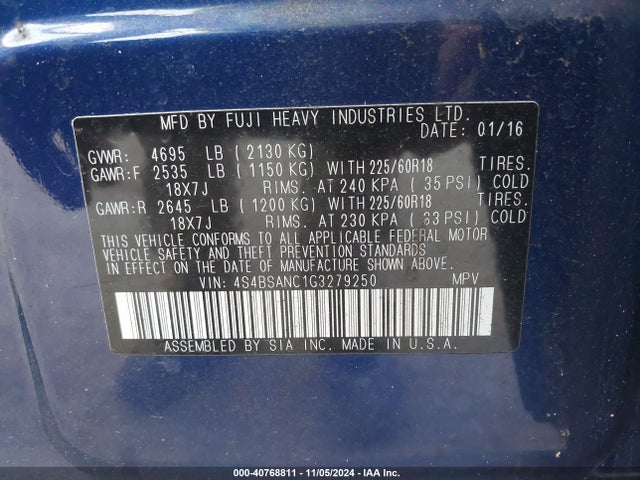 Subaru Outback 2.5i Limited 2016 4S4BSANC1G3279250 Image 9