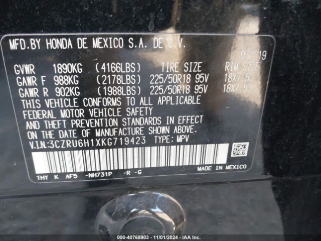 3CZRU6H1XKG719423 Honda HR-V SPORT