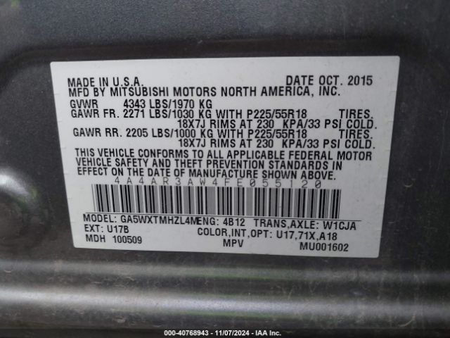 4A4AR3AW4FE055120 Mitsubishi Outlander Sport Es