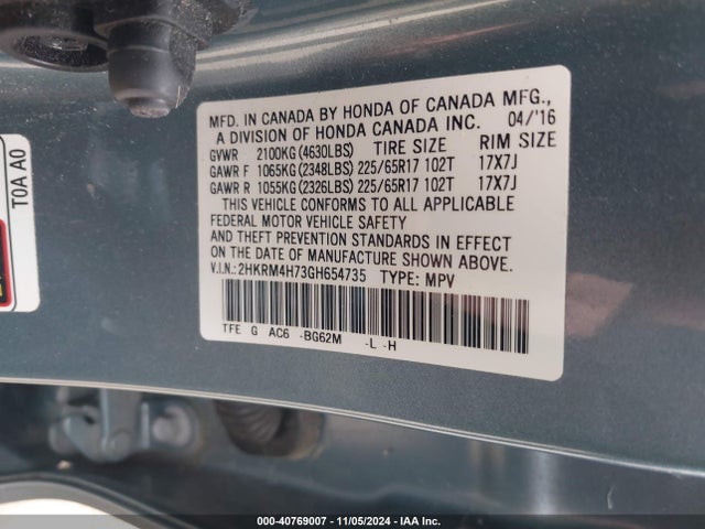 Honda Cr-v Ex-l 2016 2HKRM4H73GH654735 Image 9