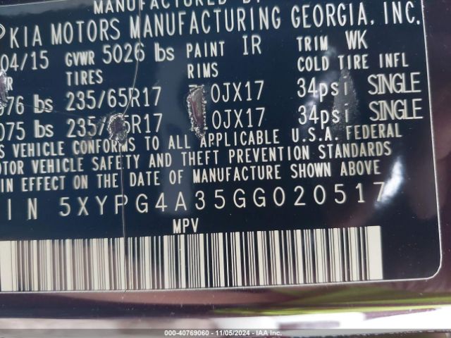 5XYPG4A35GG020517 KIA Sorento 2.4l Lx