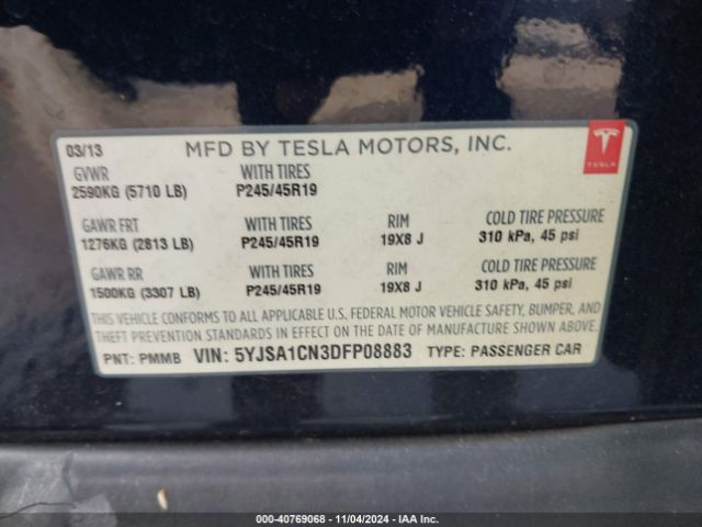 2013 TESLA MODEL S 5YJSA1CN3DFP08883 Photo 8