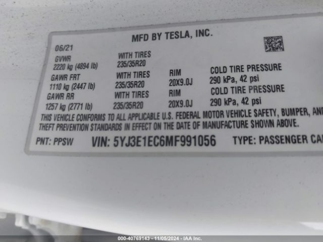 5YJ3E1EC6MF991056 Tesla Model 3 Performance Dual Motor All-wheel Drive