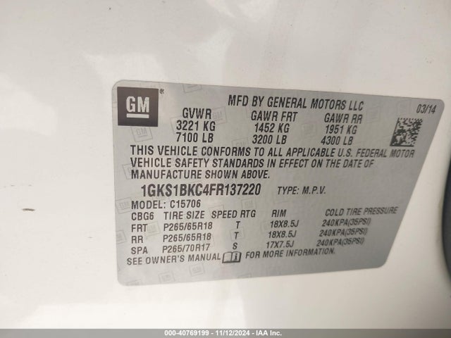 1GKS1BKC4FR137220 GMC YUKON SLT