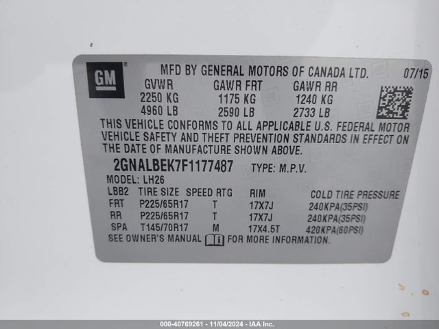 Chevrolet EQUINOX 1LT 2015 2GNALBEK7F1177487 Image 9