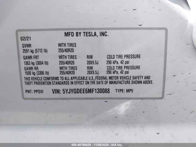 2021 TESLA MODEL Y 5YJYGDEE6MF130088 Photo 8