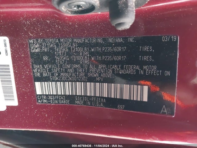 5TDKZ3DC2KS012302 Toyota Sienna Le 7 Passenger