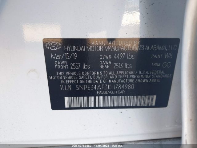 5NPE34AF3KH784980 Hyundai SONATA SEL