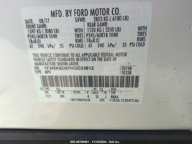 Ford EXPLORER XLT 2017 1FM5K8D87HGD33812 Image 9
