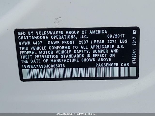 1VWBA7A30JC005378 Volkswagen Passat 2.0t Se