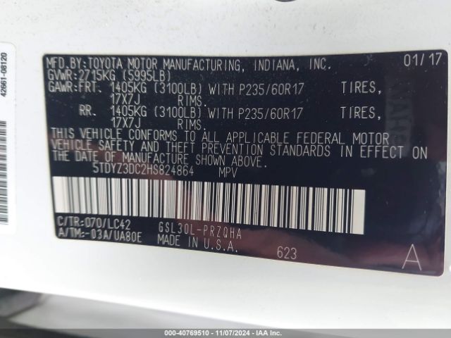 5TDYZ3DC2HS824864 Toyota Sienna Xle 8 Passenger