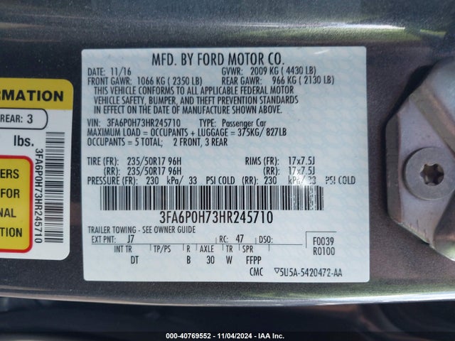 Ford FUSION SE 2017 3FA6P0H73HR245710 Image 9